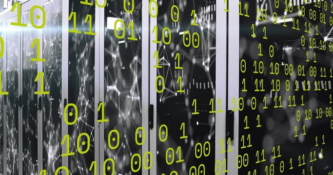 Glowing server cabinets displaying network graphic in data center room, with binary code overlay - Powered by Adobe