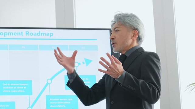 大画面モニターの前で説明するミドルエイジ男性ビジネスパーソン