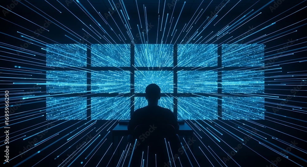 Poster futuristic digital data visualization interface with silhouette analyst overlooking the system