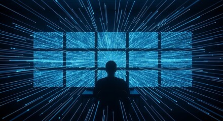 Futuristic digital data visualization interface with silhouette analyst overlooking the system