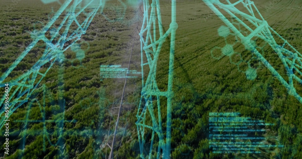 Aufkleber overlaying data graphics across hv tower and power lines over cropland, with hex pattern, code