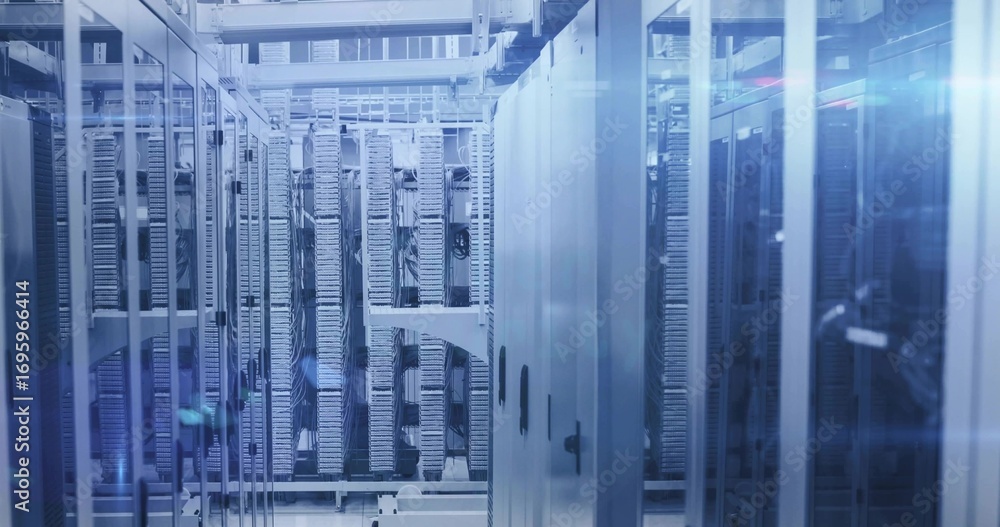 Poster displaying central row of server racks shining in data center, with patch panels and cables