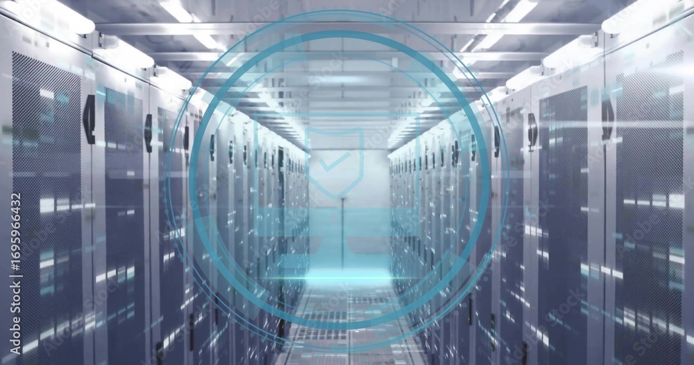 Poster projecting holographic security shield icon above raised floor in corridor with lit racks and leds