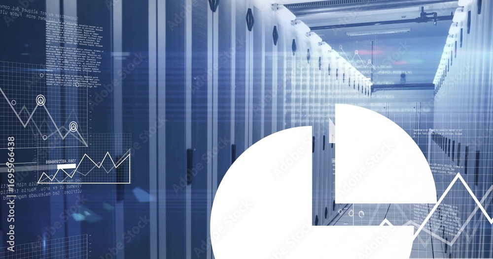 Poster illuminating server racks blinking leds and cables in data center aisle, overlaying digital charts