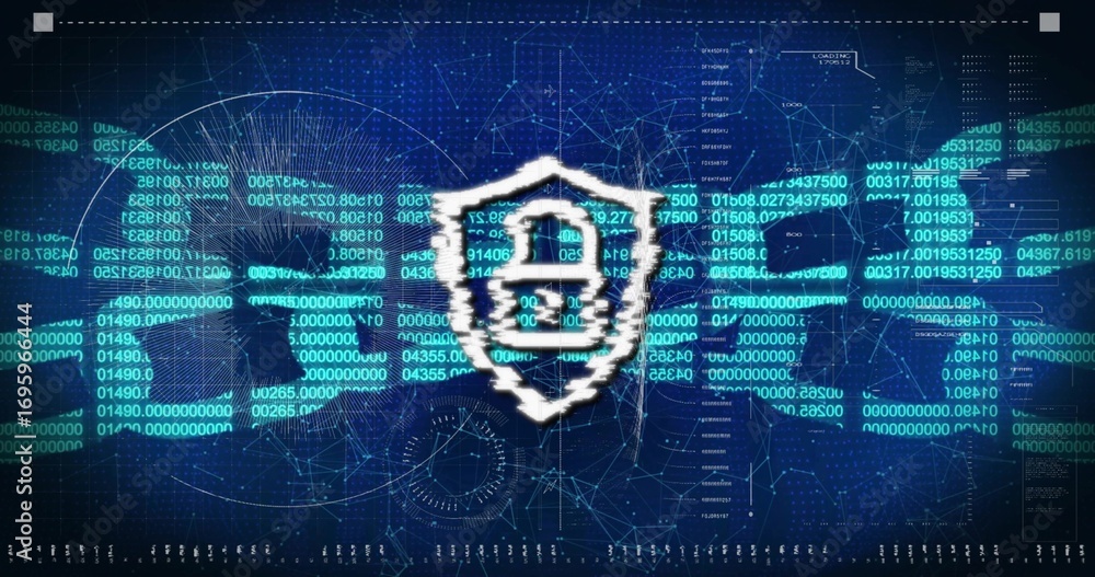 Aufkleber displaying pixelated white shield icon with keyhole protecting digital network, with binary streams