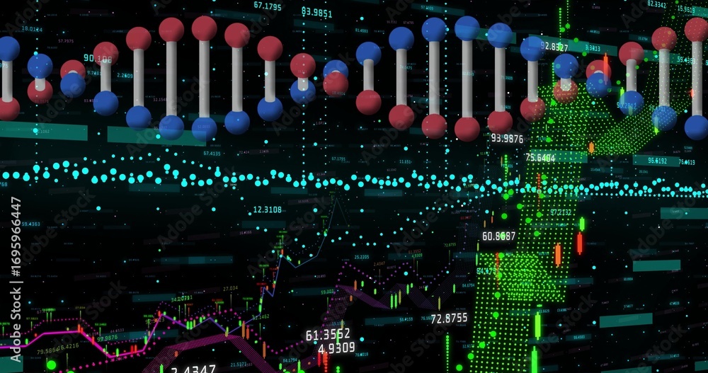 Aufkleber floating dna helix crossing digital display, showing turquoise data stream and candlestick charts