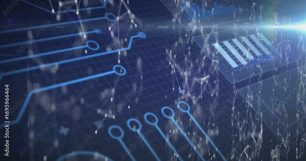 Aufkleber showing abstract circuitry hovering in data realm, with glowing circuit lines, nodes and lens flare