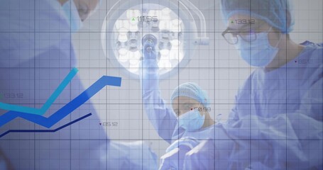 Three masked surgeons adjusting light holding instruments in operating room, with data overlays