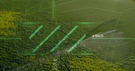 Turquoise bars overlaying forest canopy from above, green grid, map linework and numeric label 1963