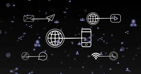 Floating globe-phone icon linking mail icons, network bubbles, play, Wi-Fi and phone on dark screen