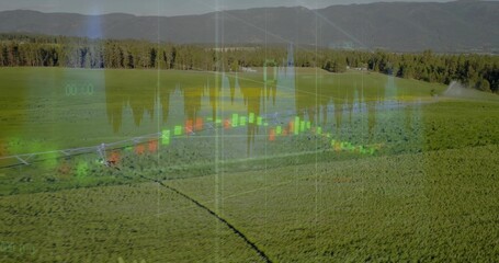 Displaying center pivot irrigation machine watering green crop rows in farmland, with data overlay