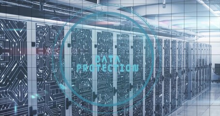 Server cabinets lining data center corridor under overhead cable trays with DATA PROTECTION overlay