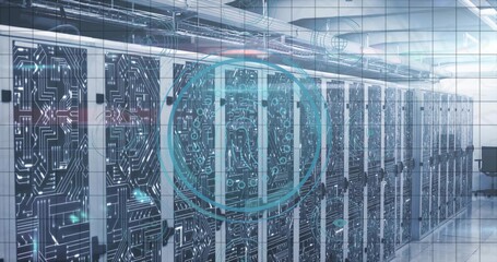 Glowing circuit-patterned server racks lining data center, with glass walls, office chair