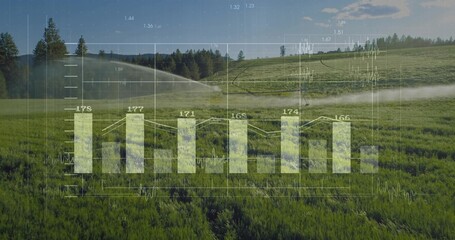 Spraying irrigation sprinkler pipes watering crop field on farm, with bar charts and numeric labels