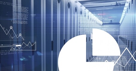 Illuminating server racks blinking LEDs and cables in data center aisle, overlaying digital charts
