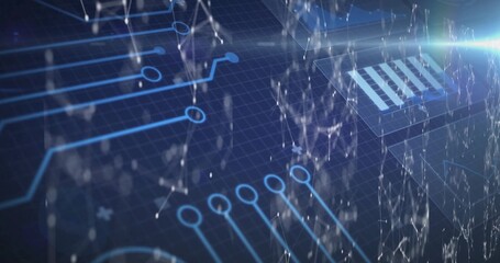 Showing abstract circuitry hovering in data realm, with glowing circuit lines, nodes and lens flare