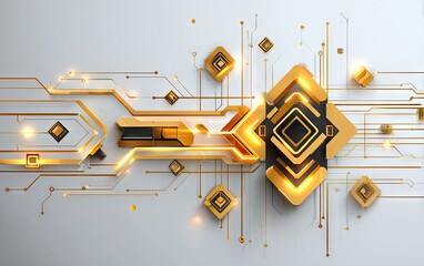 Gold circuit board design with glowing elements on white background