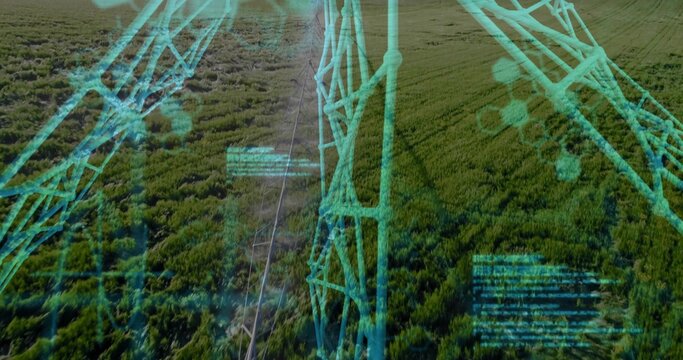 Overlaying data graphics across HV tower and power lines over cropland, with hex pattern, code
