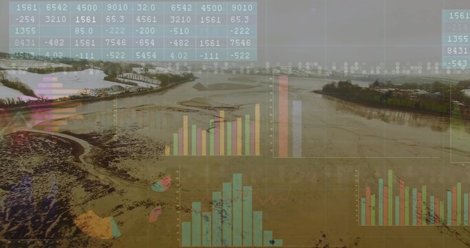 Showing winding tidal river channel at low tide over estuary, with numeric chart and graph overlays