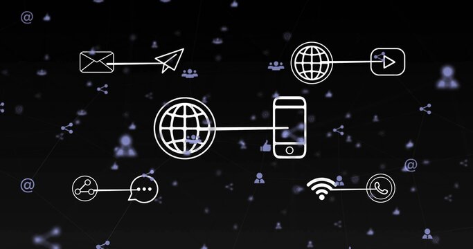 Floating globe-phone icon linking mail icons, network bubbles, play, Wi-Fi and phone on dark screen