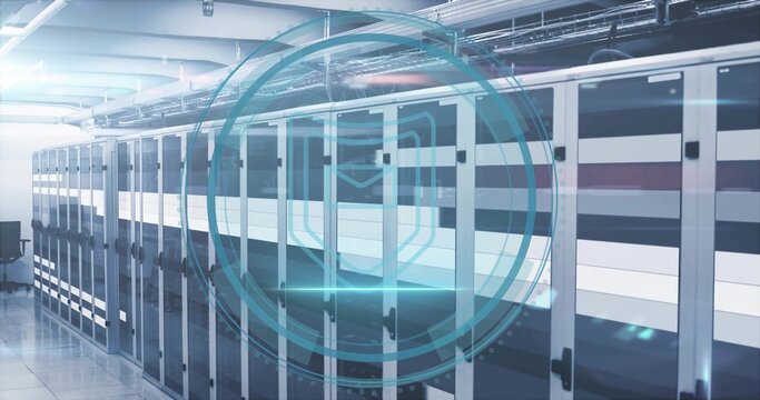 Showing row of server cabinets hosting networking switches in data center, with email icon overlay - Powered by Adobe
