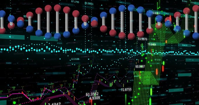 Floating DNA helix crossing digital display, showing turquoise data stream and candlestick charts