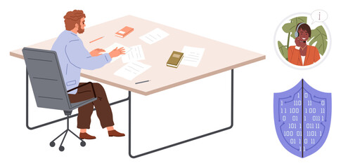 Businessman works at desk reviewing papers, engages in video call with colleague, digital shield represents cybersecurity. Ideal for teamwork, remote work, data protection, communication
