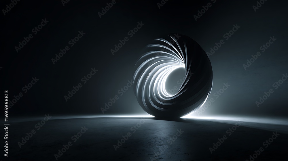 Poster a mesmerizing 3d render of a luminous, swirling torus, casting a soft glow on the dark surface, crea