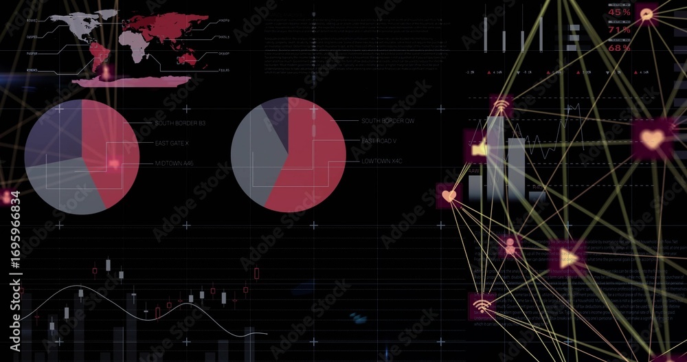 Aufkleber displaying ui showing world map, pie charts, candlestick chart, bars and network nodes, copy space