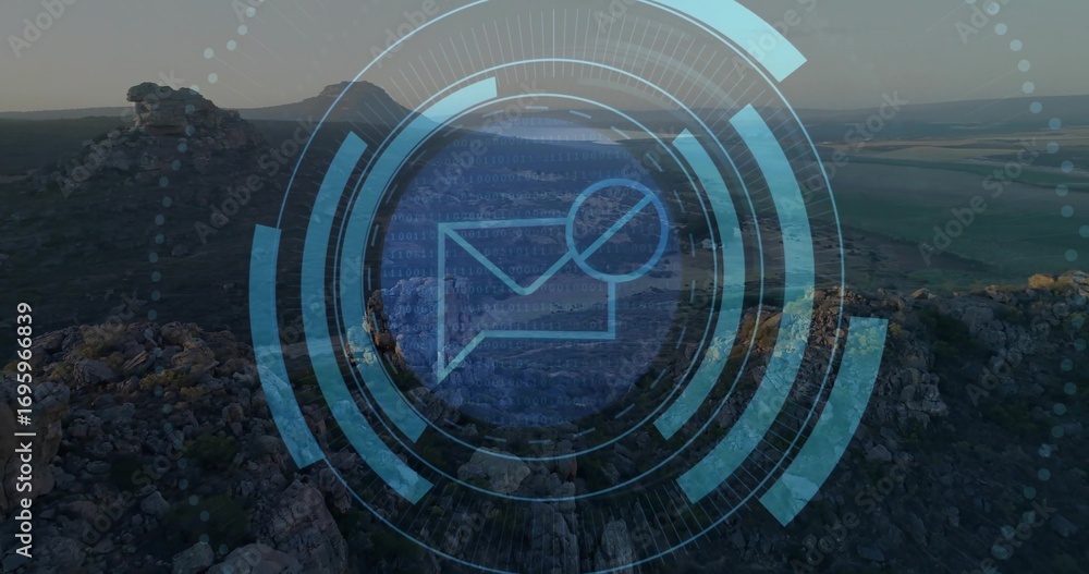 Poster floating digital overlay displaying mesa aerial view over highland, with hud envelope icon and code