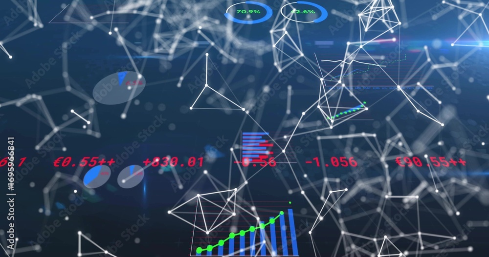Poster displaying network linking white nodes with glowing wireframe in interface with pie and bar charts