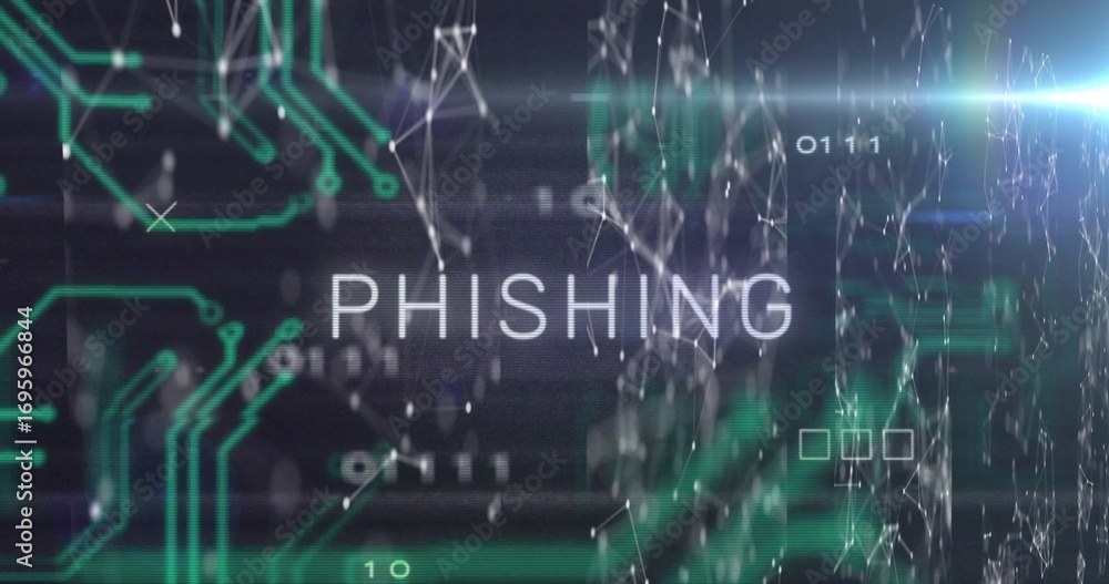 Aufkleber displaying phishing text on cyber backdrop, green circuit, node network, binary digits, lens flare