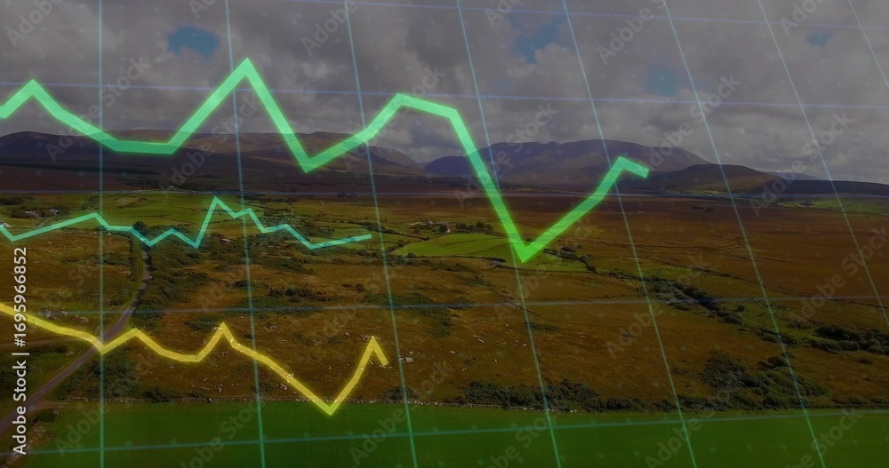 Poster displaying translucent green grid overlaying rural moorland with colored line graphs, data display