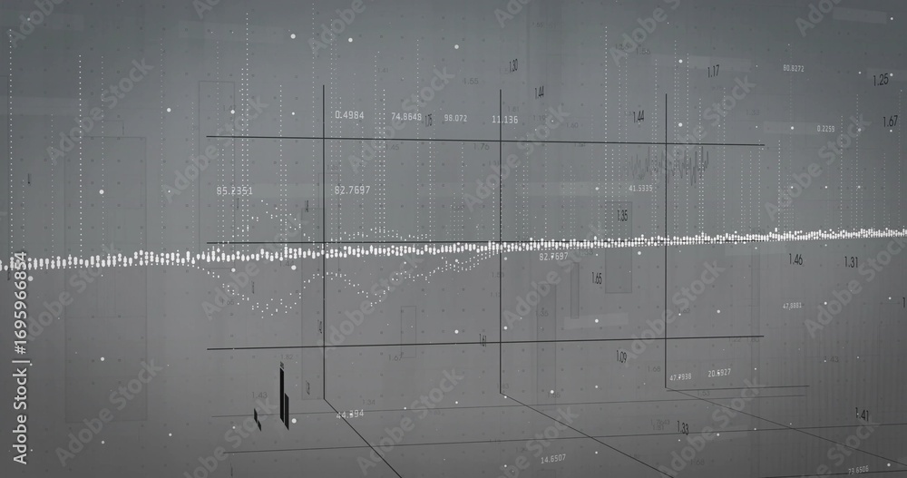 Aufkleber displaying horizontal dotted waveform line spanning grid plane, with numeric labels and particles