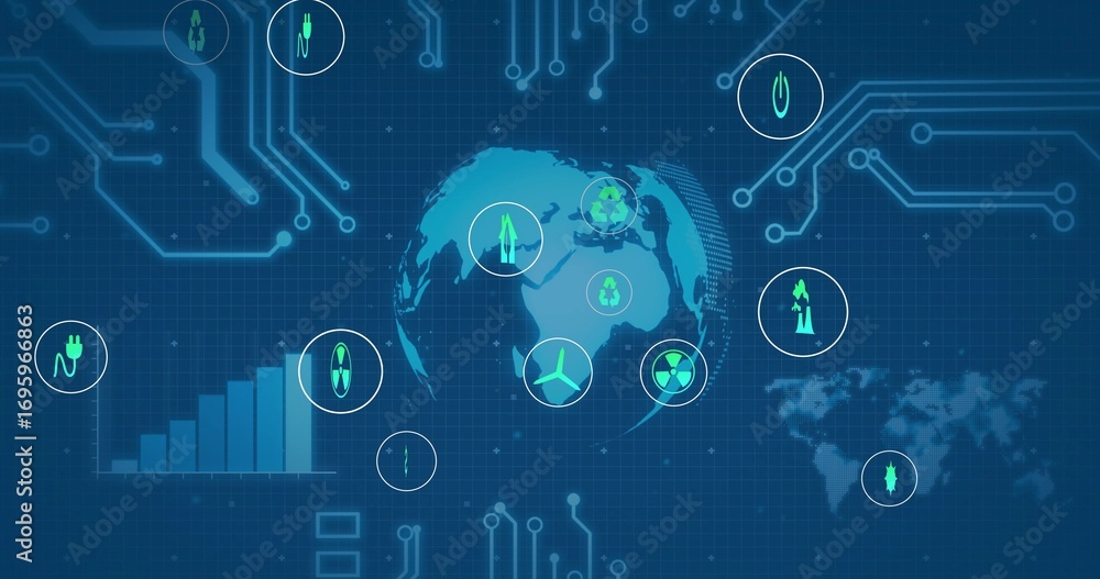 Poster displaying stylized globe rotating on schematic interface, featuring circular energy icons