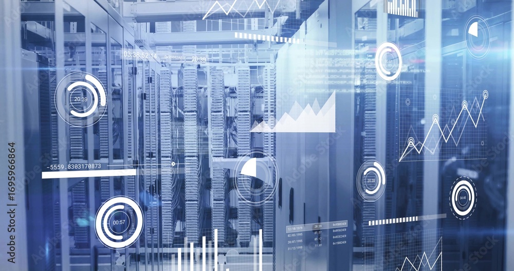 Poster showing server rack cluster displaying digital analytics at data center, with switches and cabling