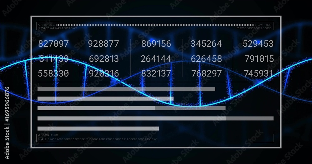 Aufkleber displaying interface showing code grid, progress bars and labels at console with glowing blue helix