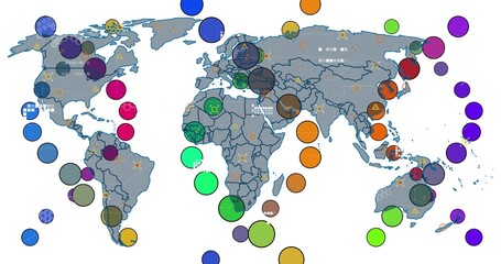 Displaying world map on white canvas, with colored circles showing geometric icons overlay