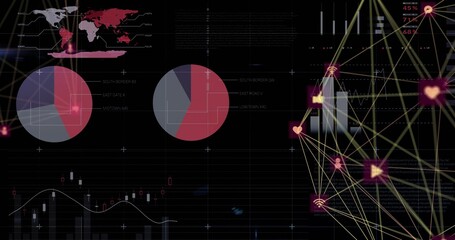 Displaying UI showing world map, pie charts, candlestick chart, bars and network nodes, copy space