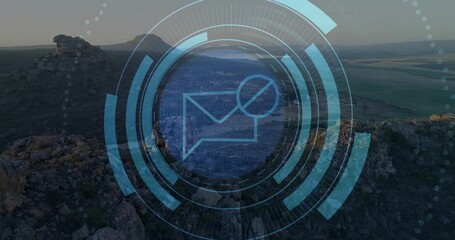 Floating digital overlay displaying mesa aerial view over highland, with HUD envelope icon and code