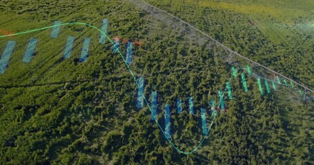Spanning steel center-pivot irrigation arm over crop field, with financial overlays, copy space