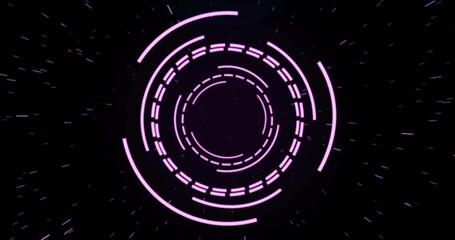 Concentric purple rings and segmented arcs glowing in futuristic HUD, with radial light streaks