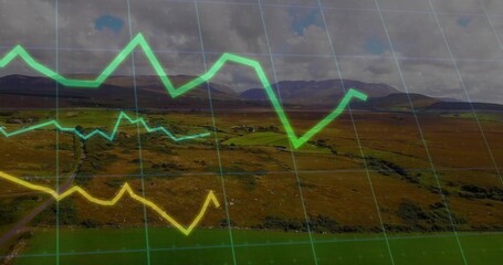 Displaying translucent green grid overlaying rural moorland with colored line graphs, data display