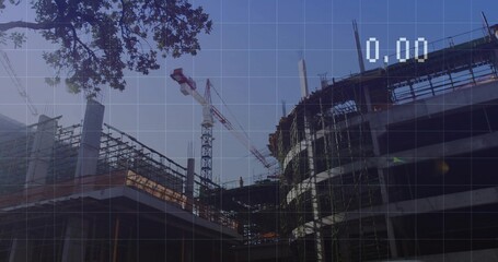 Displaying circular concrete core rising at urban site with cranes, grid overlay 0