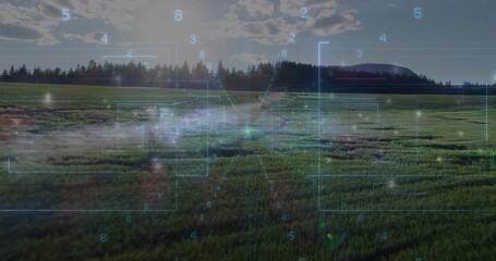 Displaying grassland stretching toward conifer forest and distant hill at meadow, with HUD elements