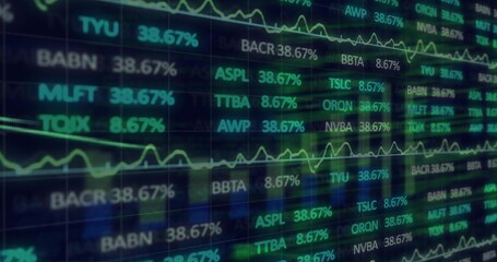 Showing stock ticker data with percentages and grid lines on trading dashboard, neon chart overlays