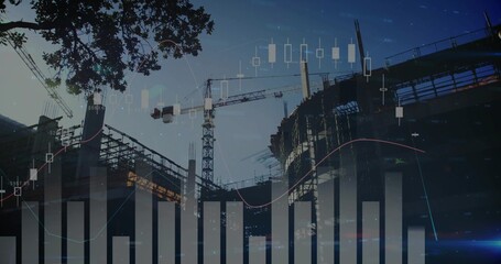 Rising tower crane and steel framework advancing at dusk construction site with chart overlays