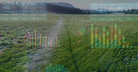 Showing center pivot pipeline extending across agricultural field, with digital data visualizations