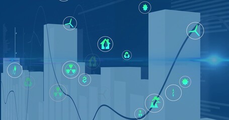 Displaying digital chart tracing rising trend on virtual dashboard, with 3D bars and floating icons