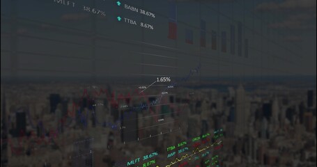 Displaying transparent stock charts over aerial skyline, with floating graphs, arrows and numbers